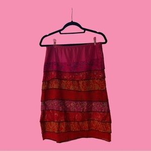Shades of Fuchsia with Multi-Patterned Layers 100% Silk Made in India Skirt M